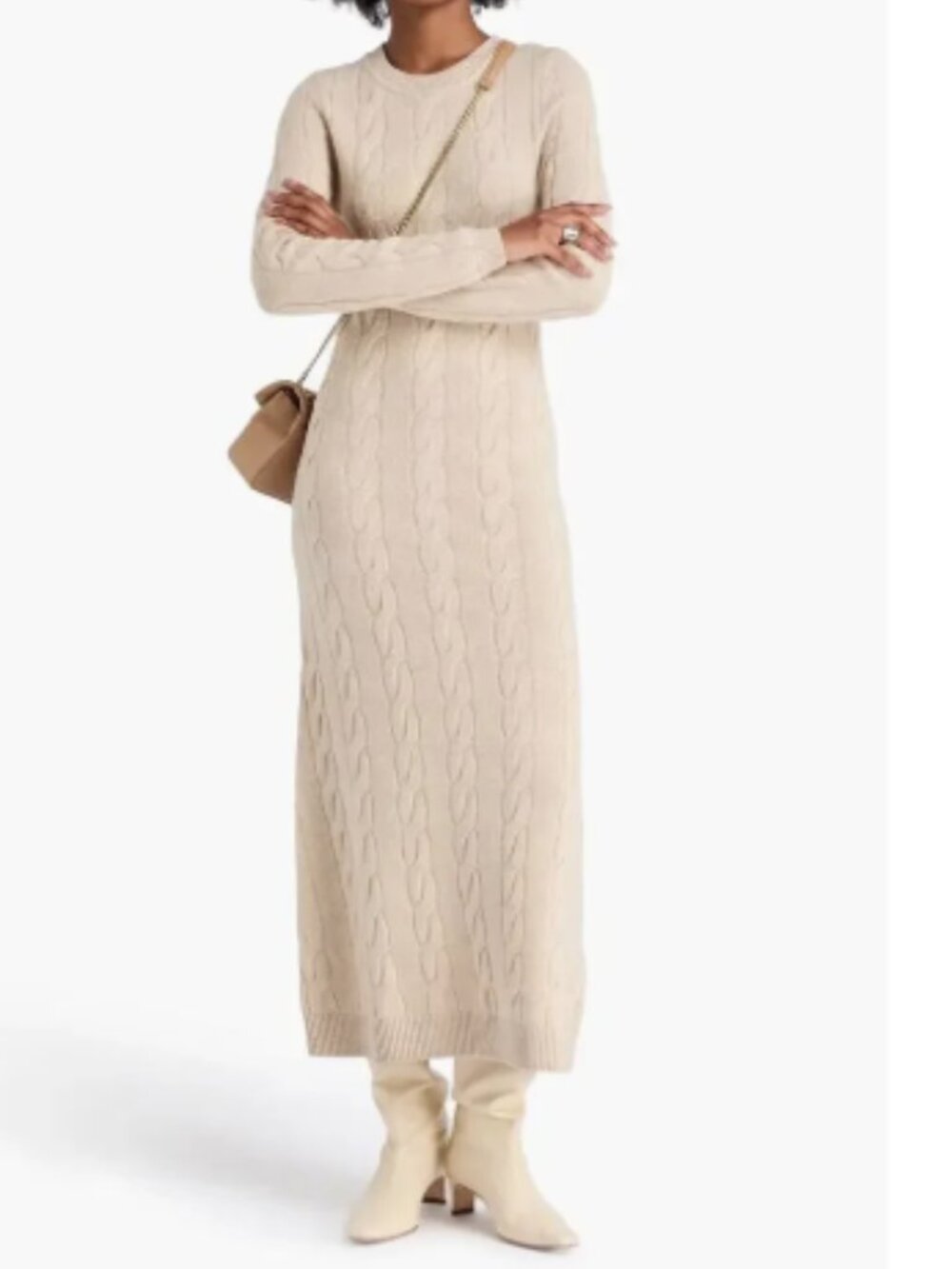 Sandro Maelys Tan Wool Cashmere Cable Knit Long Sleeve Maxi Sweater Dress 40/10